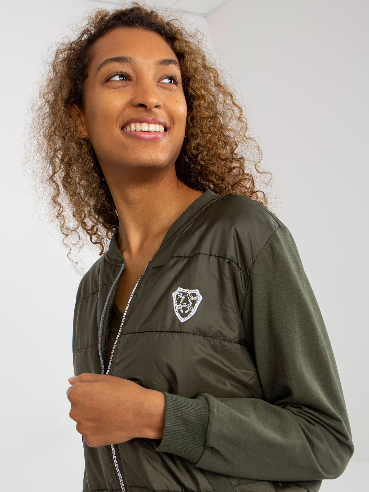 Gewatteerde Bomber Sweater met Patch – Khaki