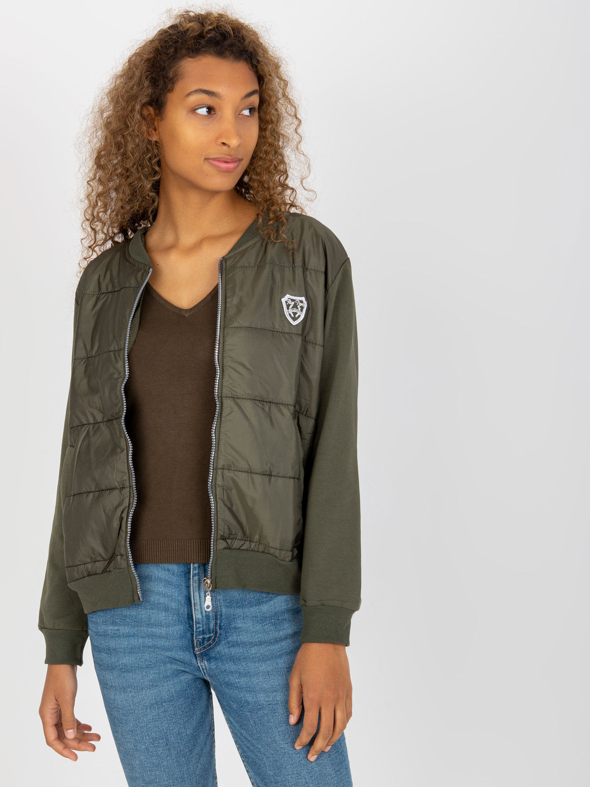 Gewatteerde Bomber Sweater met Patch – Khaki