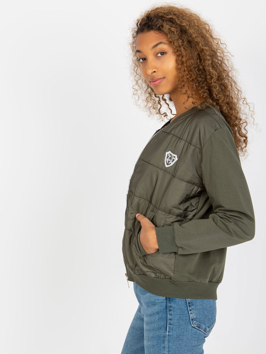 Gewatteerde Bomber Sweater met Patch – Khaki