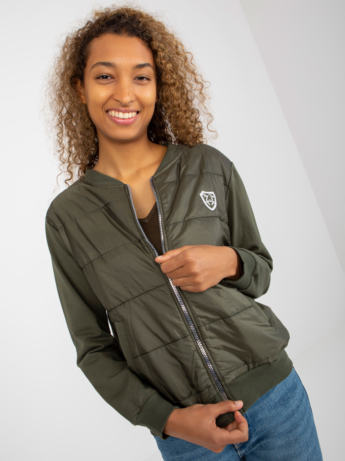 Gewatteerde Bomber Sweater met Patch – Khaki