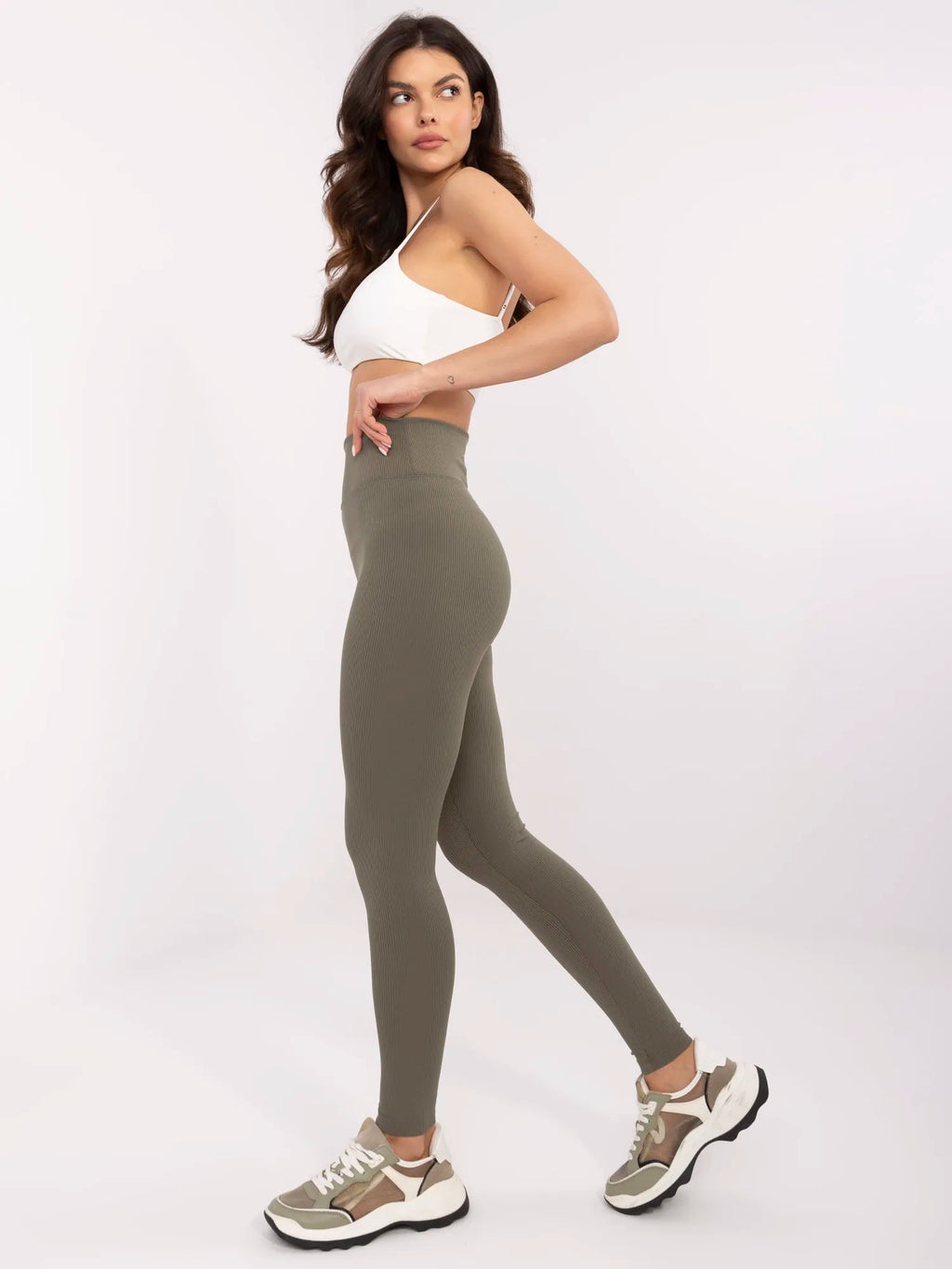 Khaki Geribde High-Waist Legging