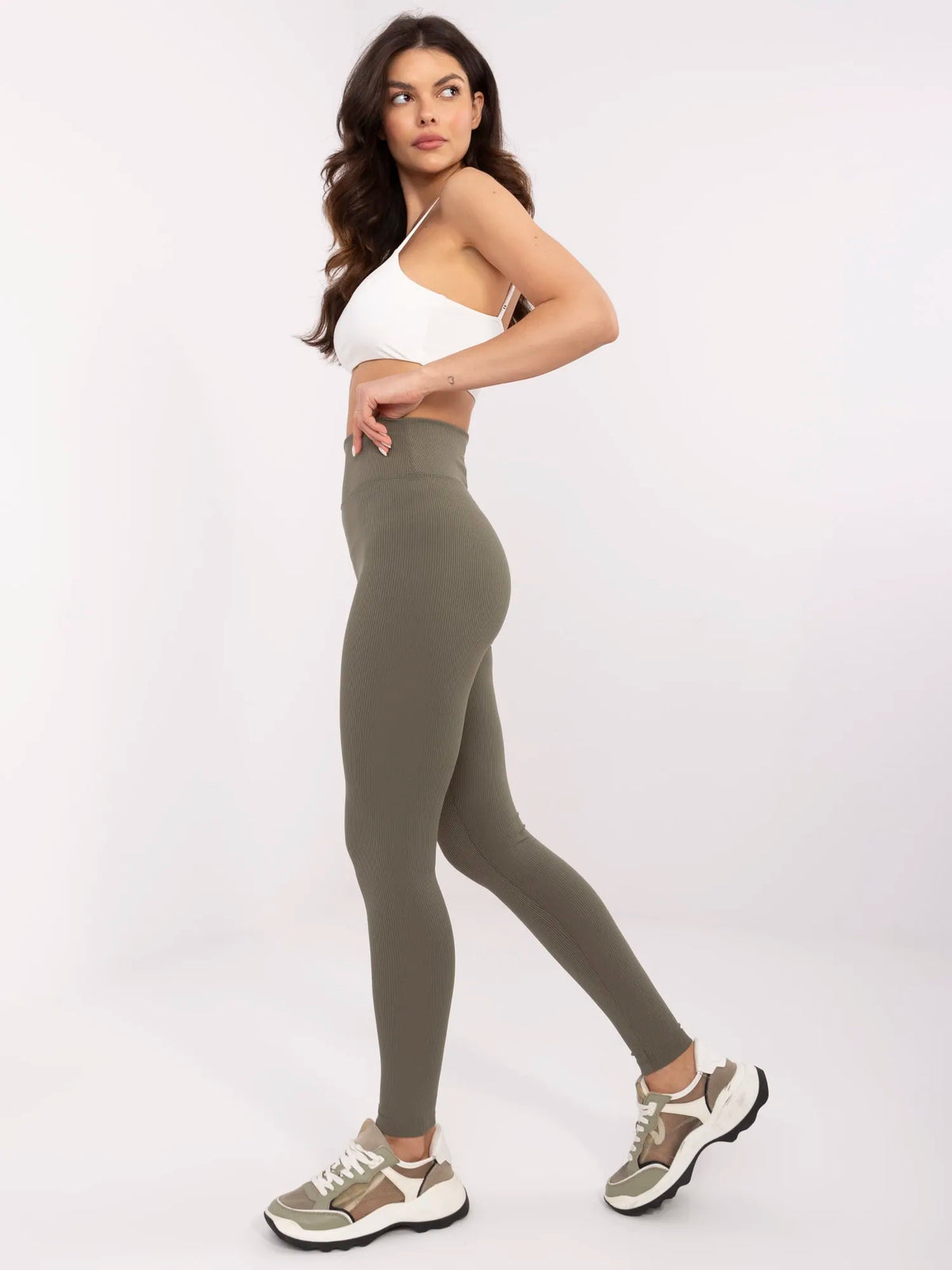 Khaki Geribde High-Waist Legging