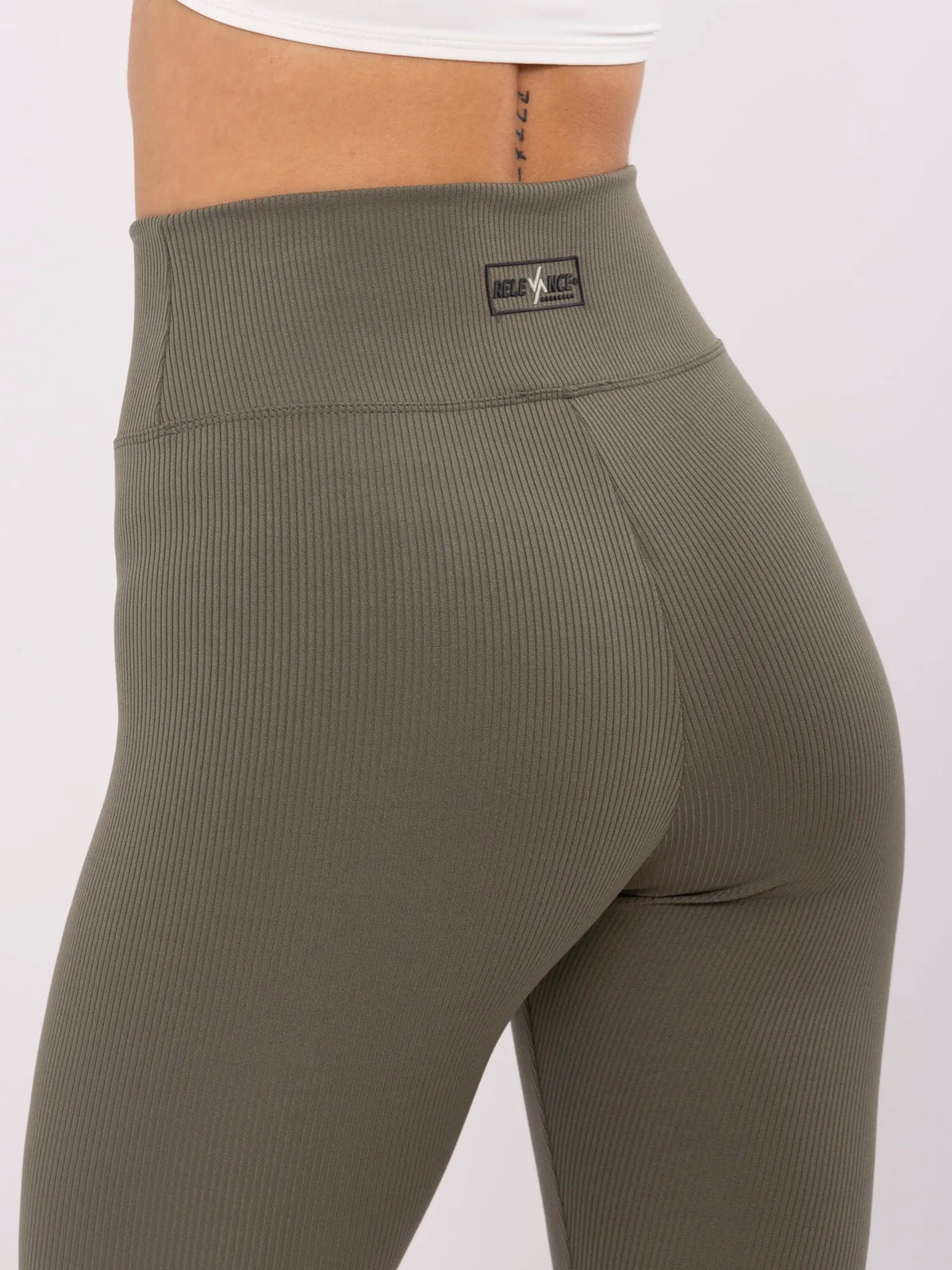 Khaki Geribde High-Waist Legging