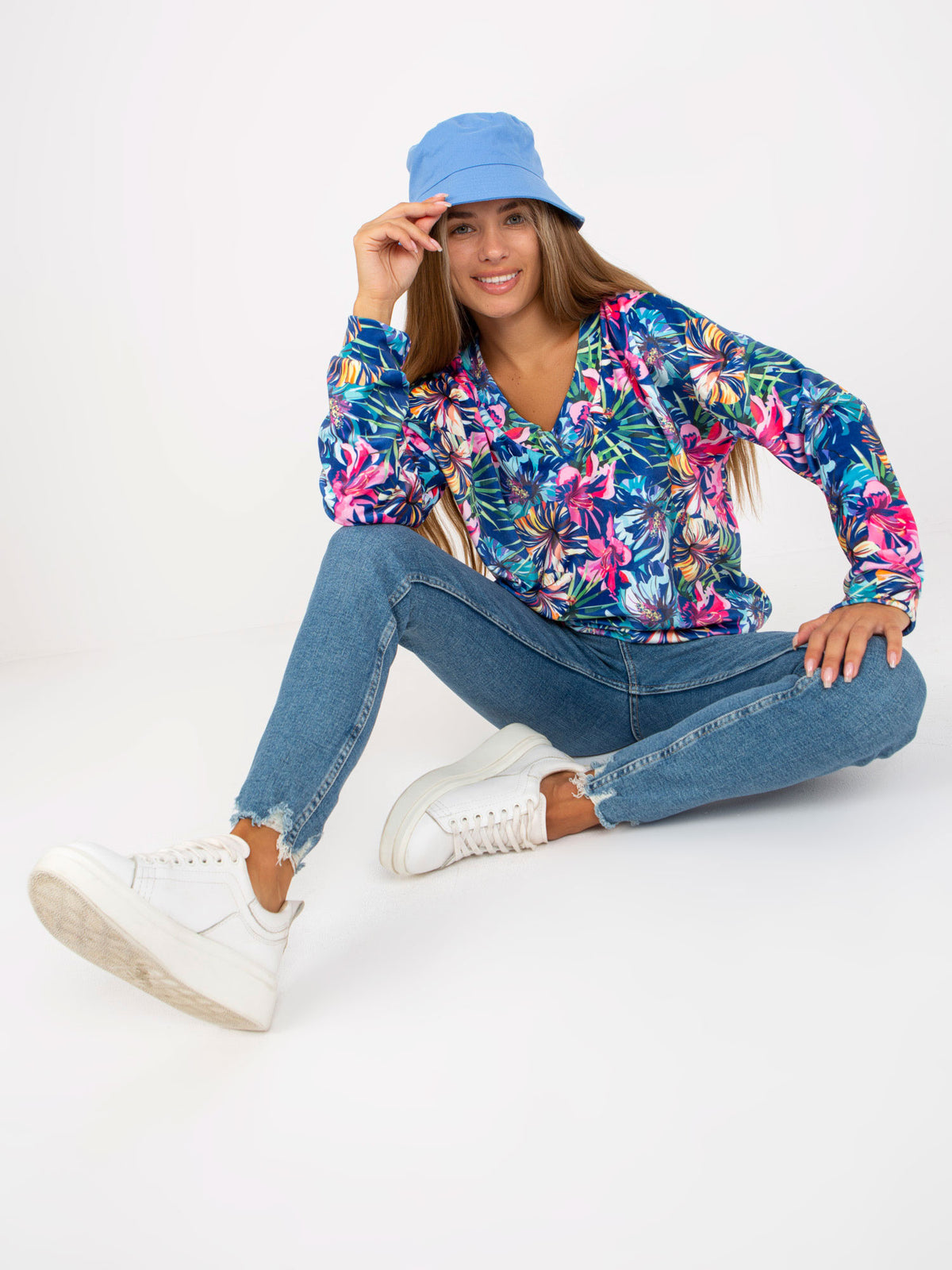 Velours Blouse met Print – Donkerblauw