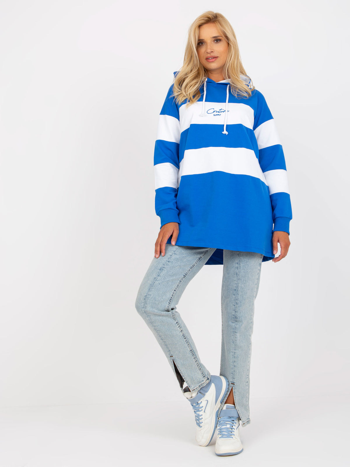 Gestreepte Oversized Hoodie – Wit/Blauw