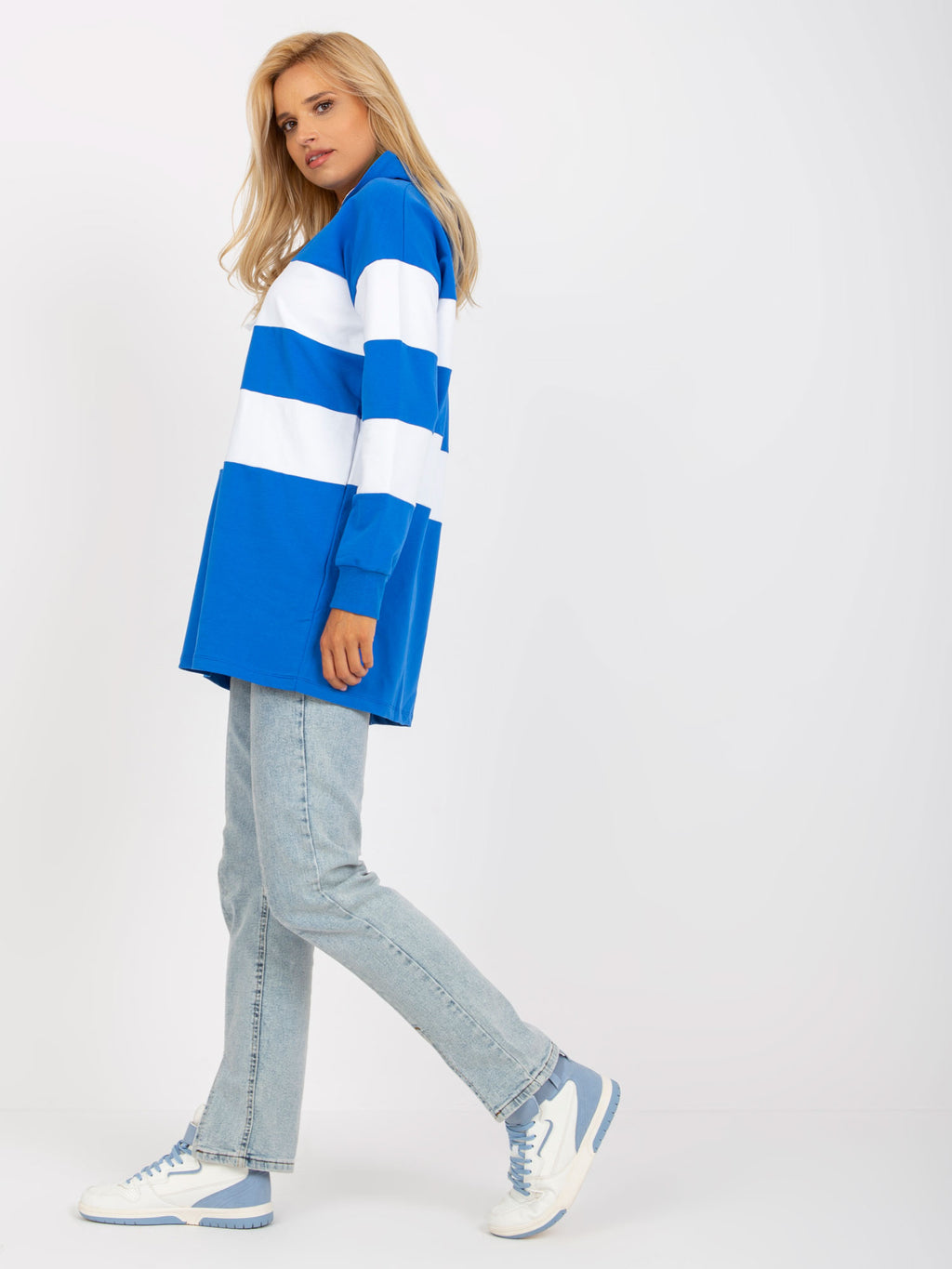 Gestreepte Oversized Hoodie – Wit/Blauw