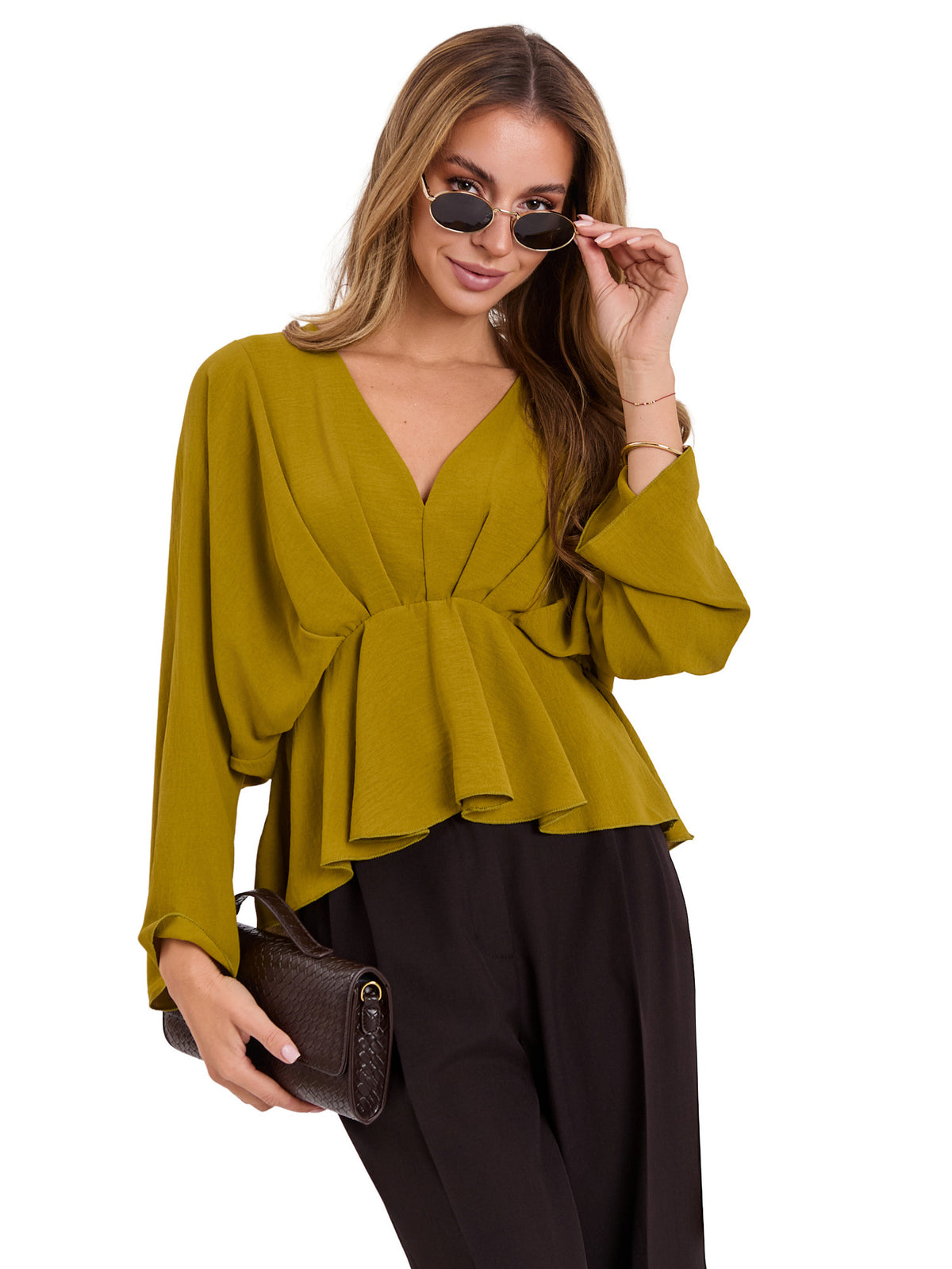 Kimono Blouse met V-hals – Olijfgroen
