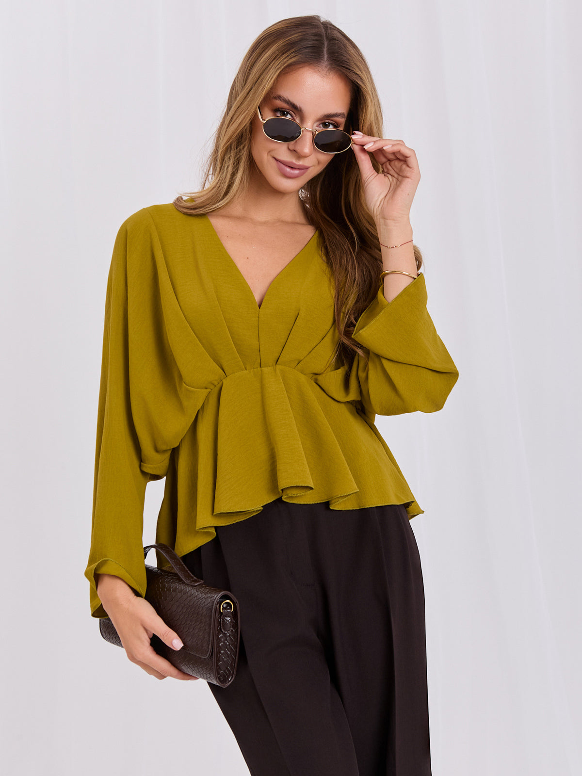 Kimono Blouse met V-hals – Olijfgroen