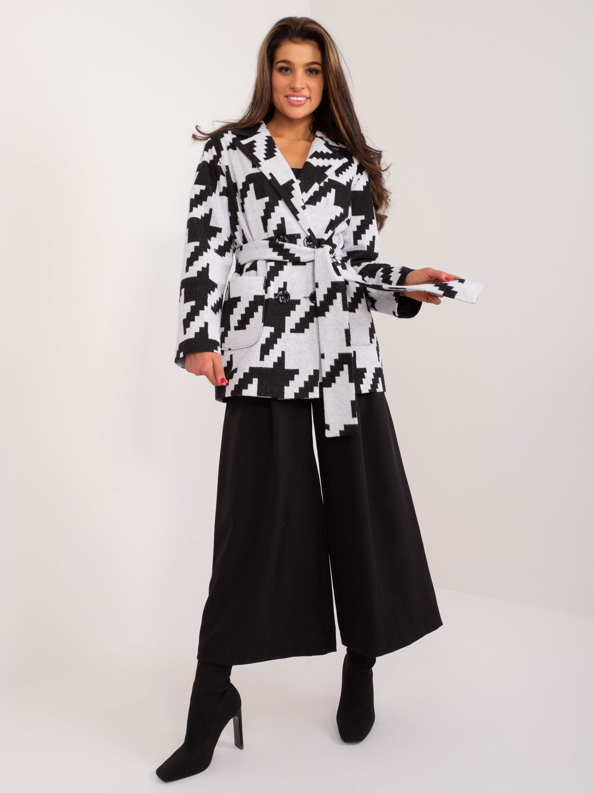 Grijs-Zwarte Houndstooth Blazer met Ceintuur