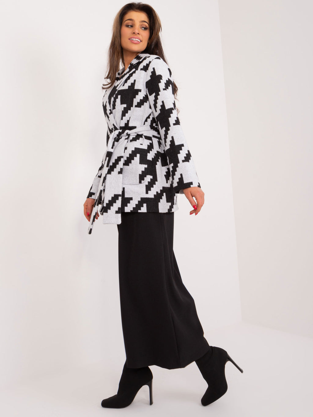 Grijs-Zwarte Houndstooth Blazer met Ceintuur