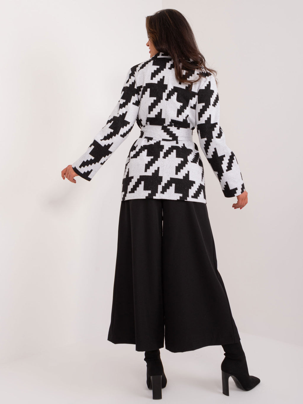 Grijs-Zwarte Houndstooth Blazer met Ceintuur