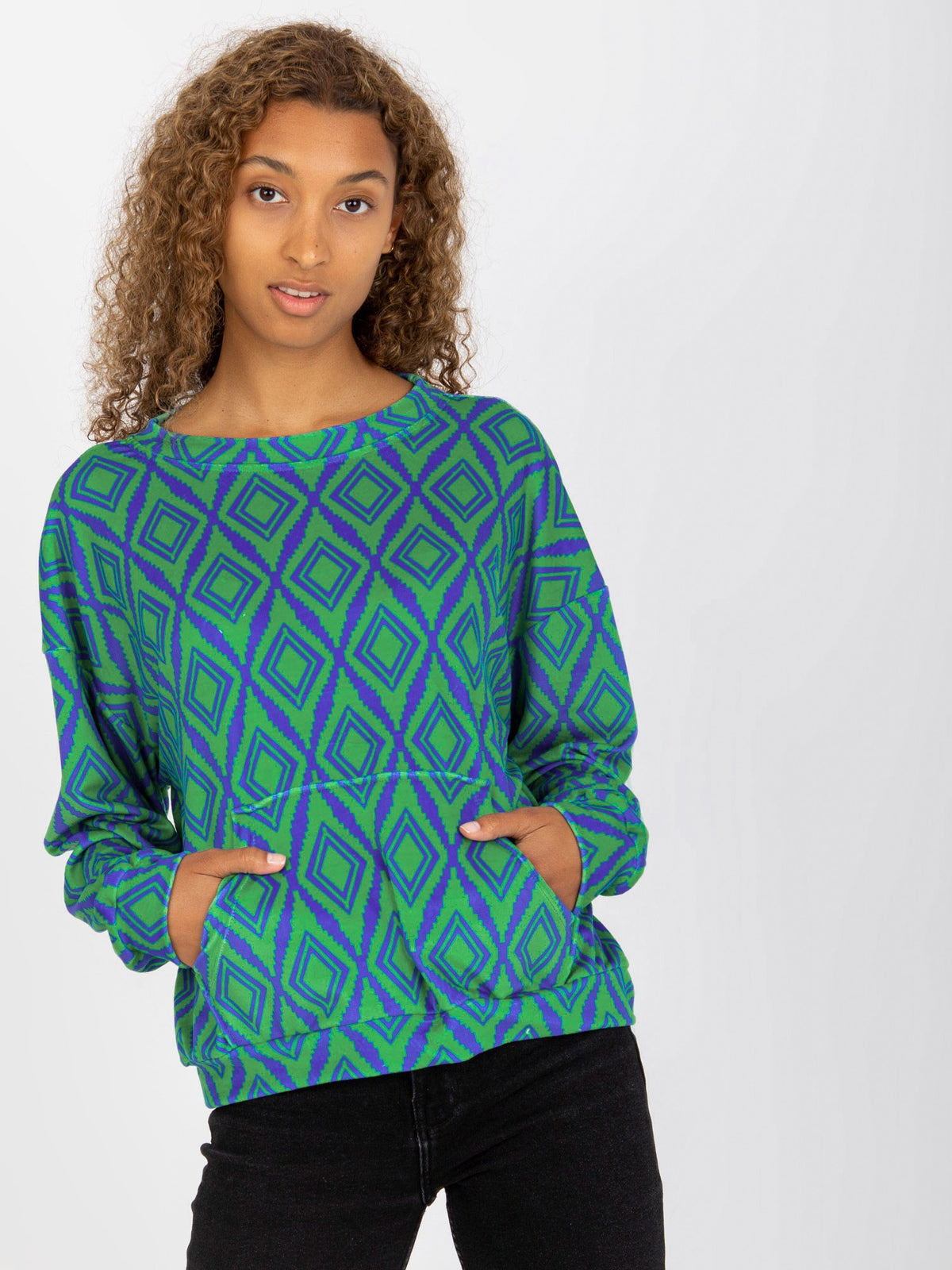 Velours Sweater met Print – Groen/Blauw