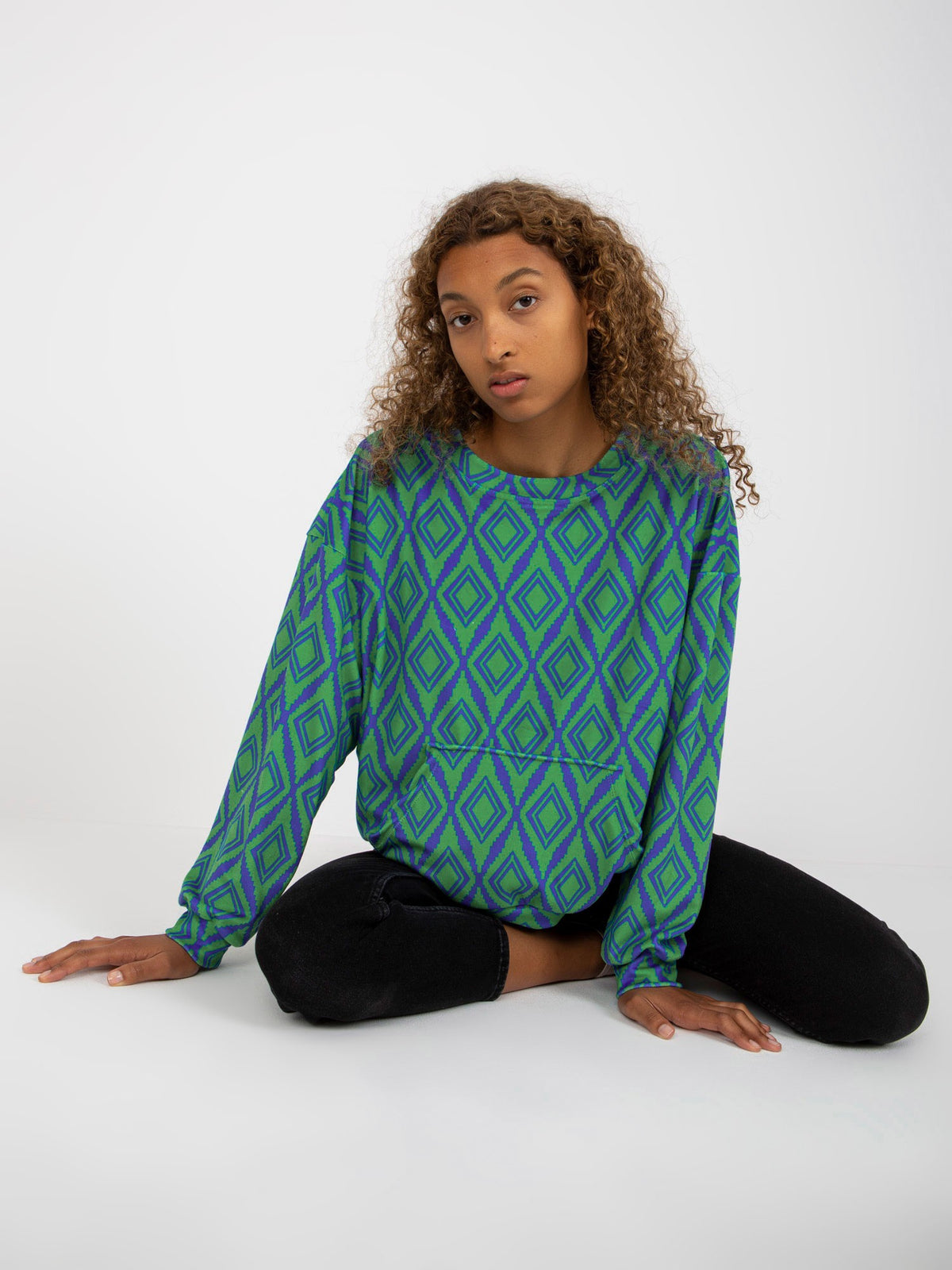 Velours Sweater met Print – Groen/Blauw